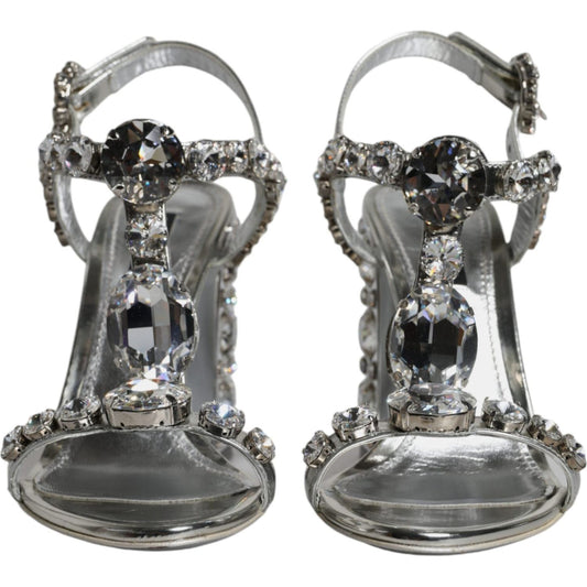 Dolce & Gabbana Silver Leather T-strap Crystal Sandals Shoes Dolce & Gabbana Dim Gray