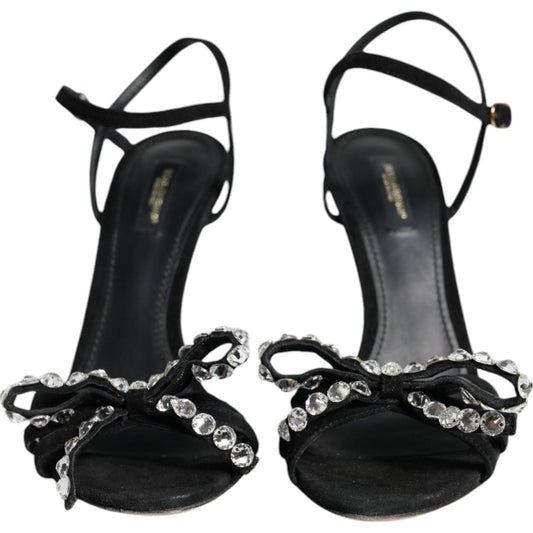 Dolce & Gabbana Black Leather Crystal Bow Heels Sandals Shoes Dolce & Gabbana Black