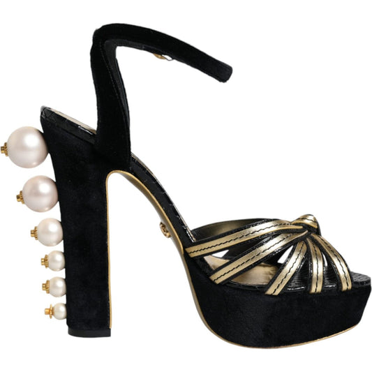 Dolce & Gabbana Black Leather Faux Pearl Heel Sandals Shoes Dolce & Gabbana Gray