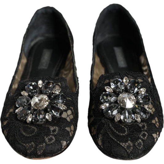 Dolce & Gabbana Black Lace Crystal Ballet Flats Loafer Shoes Dolce & Gabbana Black