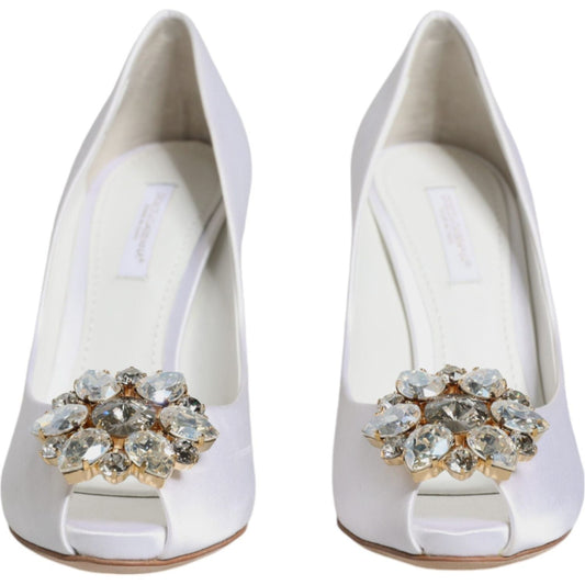Dolce & Gabbana White Crystals Peep Toe Satin Pumps Shoes Dolce & Gabbana Light Gray