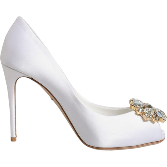 Dolce & Gabbana White Crystals Peep Toe Satin Pumps Shoes Dolce & Gabbana Light Gray