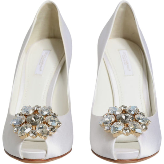 Dolce & Gabbana White Crystals Peep Toe Satin Pumps Shoes Dolce & Gabbana Light Gray