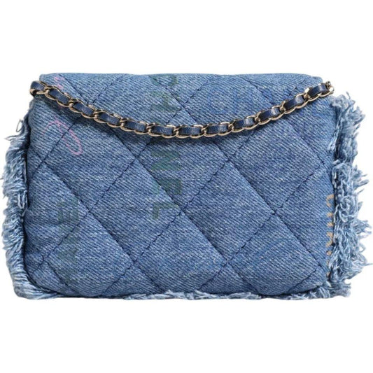 Chanel Denim Mood Flap Micro Logo Printed Fringed Shoulder Bag Chanel Slate Gray