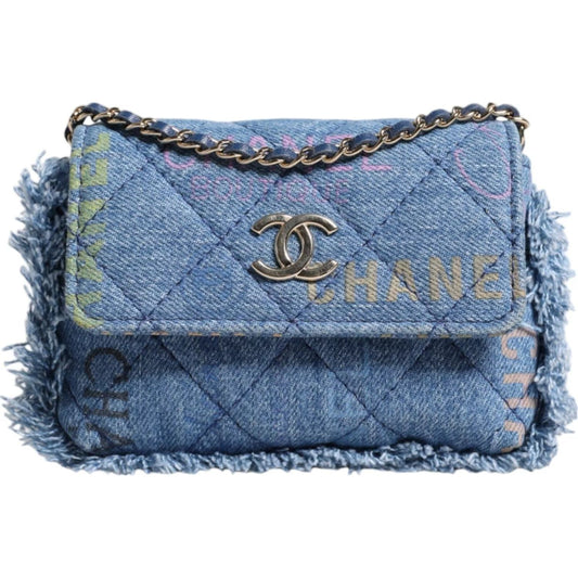 Chanel Denim Mood Flap Micro Logo Printed Fringed Shoulder Bag Chanel Slate Gray