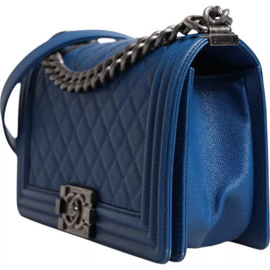 Chanel Blue Lambskin Double Chain Leather Medium Shoulder Bag Chanel Dark Slate Gray