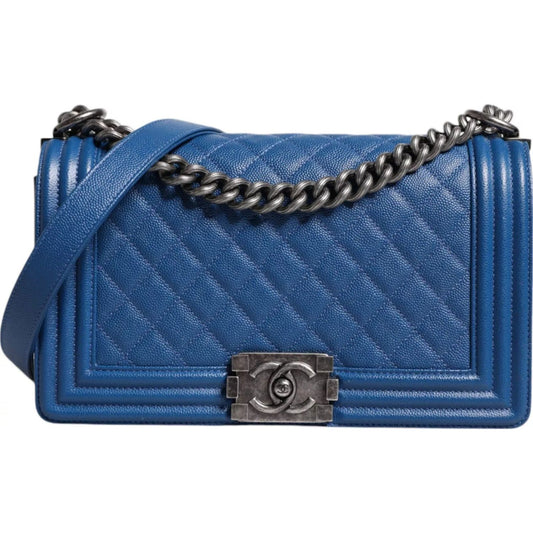 Chanel Blue Lambskin Double Chain Leather Medium Shoulder Bag Chanel Dark Slate Blue