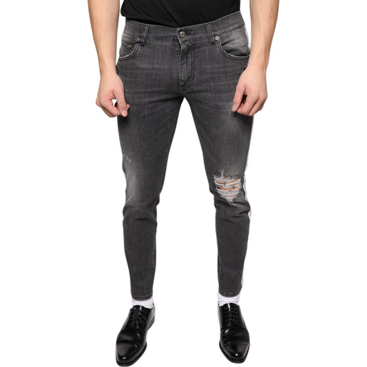 Dolce & Gabbana Black Tattered Cotton Skinny Men Denim Jeans Dolce & Gabbana Dark Slate Gray