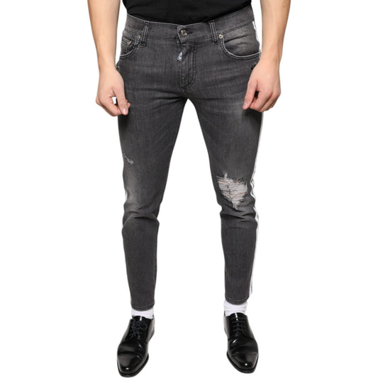 Dolce & Gabbana Black Tattered Cotton Skinny Men Denim Jeans Dolce & Gabbana Dark Slate Gray