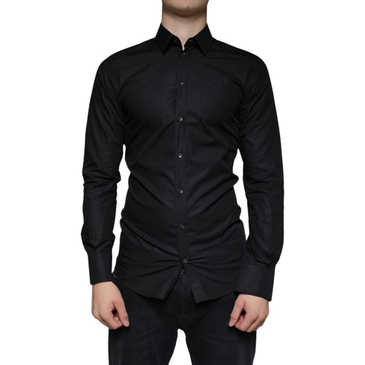 Dolce & Gabbana Black Cotton Stretch Dress GOLD Formal Shirt Dolce & Gabbana Black