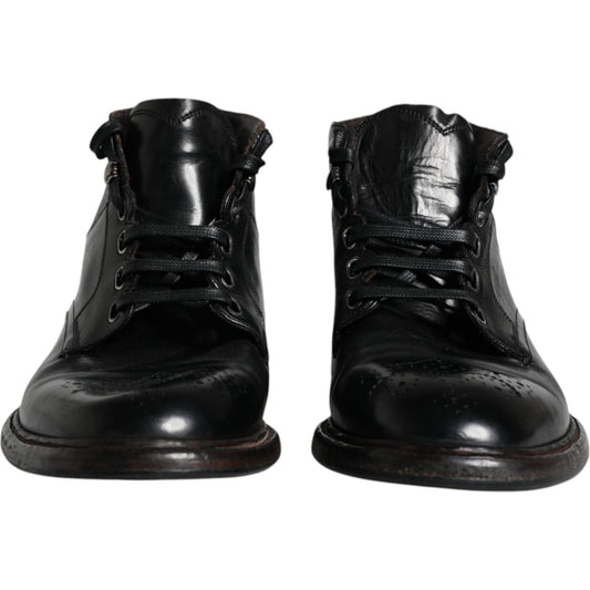 Dolce & Gabbana Black Leather Men Short Boots Lace Up Shoes Dolce & Gabbana Black