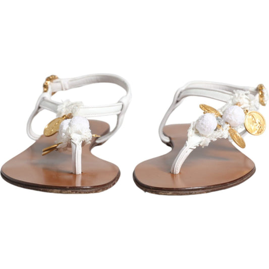 Dolce & Gabbana White Leather Coins Flip Flops Sandals Shoes Dolce & Gabbana Rosy Brown