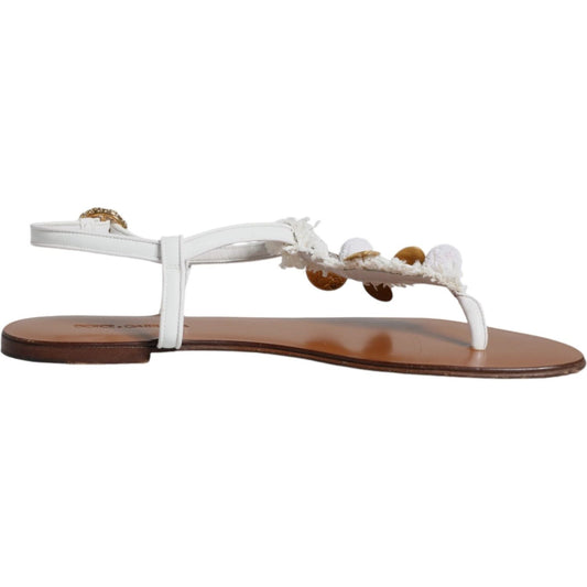 Dolce & Gabbana White Leather Coins Flip Flops Sandals Shoes Dolce & Gabbana Dim Gray