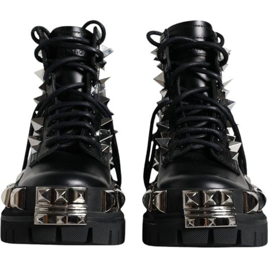 Dolce & Gabbana Black Leather Studded Trekking Boots Shoes Dolce & Gabbana Black