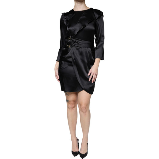 Emporio Armani Black Satin Long Sleeves Wrap Sheath Mini Dress Emporio Armani Black