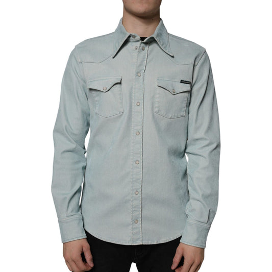 Dolce & Gabbana Light Blue Cotton Button Down Casual Shirt Dolce & Gabbana Dark Gray
