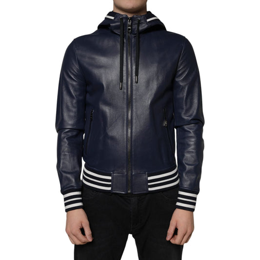 Dolce & Gabbana Blue Leather Full Zip Hooded Bomber Jacket Dolce & Gabbana Dark Slate Gray