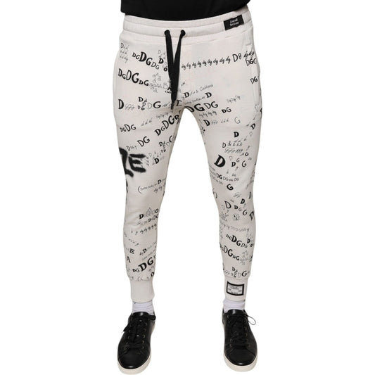 Dolce & Gabbana White Printed Cotton Jogger Sweatpants Pants Dolce & Gabbana Gray