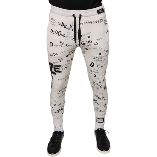 Dolce & Gabbana White Printed Cotton Jogger Sweatpants Pants Dolce & Gabbana Gray