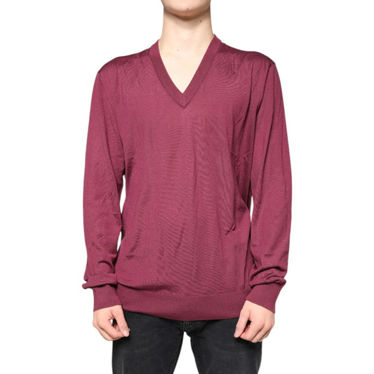 Dolce & Gabbana Maroon Cashmere V-neck Men Pullover Sweater Dolce & Gabbana Maroon