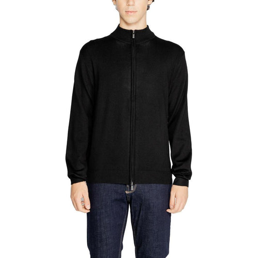 Hamaki-Ho men's black viscose cardigan for fall/winter collection, made of 70% viscose and 30% nylon, featuring a full zip front.
