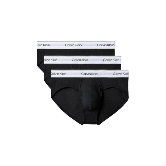 Calvin Klein black cotton men's hip brief underwear, pack of 3, with logo waistband. Perfect fit and comfort for everyday wear.