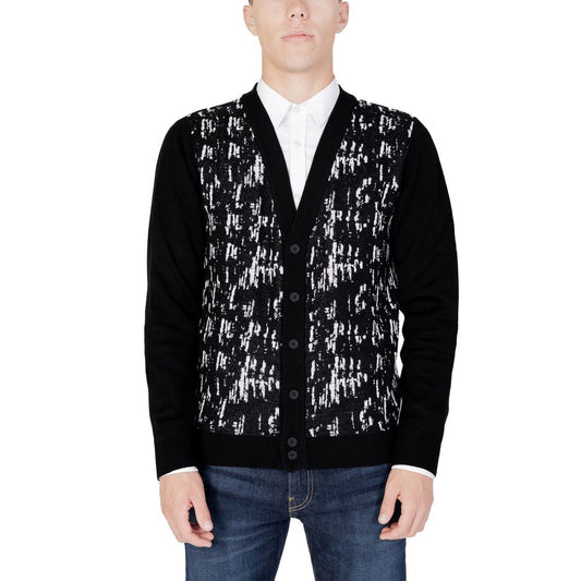 Men's Antony Morato black wool cardigan with pattern, fall/winter knitwear, 50% wool, 50% acrylic, stylish men's fashion.