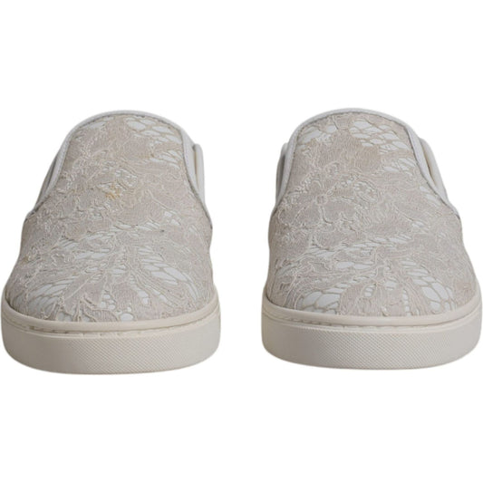 Dolce & Gabbana White Floral Lace Slip On Loafers Shoes Dolce & Gabbana Dark Gray