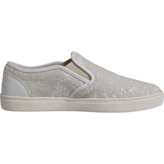 Dolce & Gabbana White Floral Lace Slip On Loafers Shoes Dolce & Gabbana Dark Gray