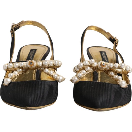 Dolce & Gabbana Black Leather Faux Pearls Slingbacks Shoes Dolce & Gabbana Dark Slate Gray