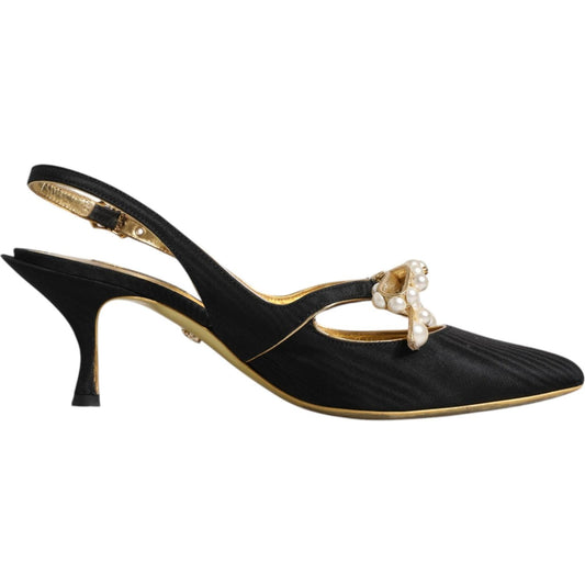 Dolce & Gabbana Black Leather Faux Pearls Slingbacks Shoes Dolce & Gabbana Tan