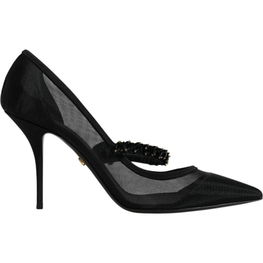 Dolce & Gabbana Black Mesh Mary Jane Crystal Heel Pump Shoes Dolce & Gabbana Black