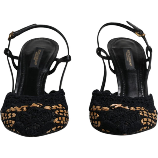 Dolce & Gabbana Black Brown Lace High Heels Slingback Shoes Dolce & Gabbana Black