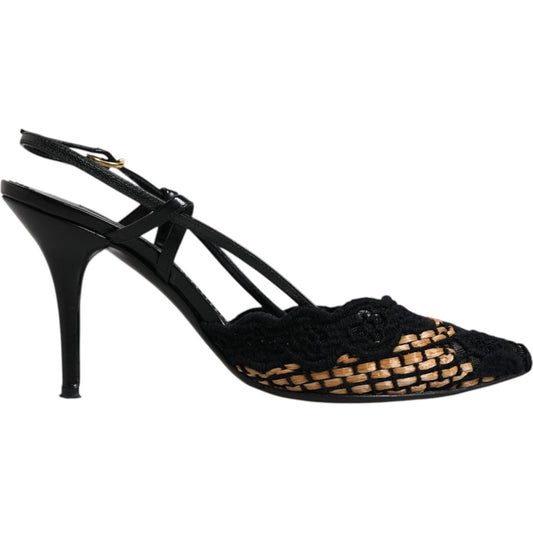 Dolce & Gabbana Black Brown Lace High Heels Slingback Shoes Dolce & Gabbana Black
