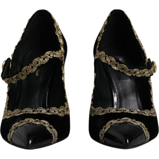 Dolce & Gabbana Black Velvet Gold Mary Janes Pumps Shoes Dolce & Gabbana Black