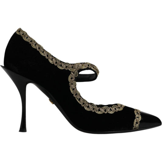 Dolce & Gabbana Black Velvet Gold Mary Janes Pumps Shoes Dolce & Gabbana Black