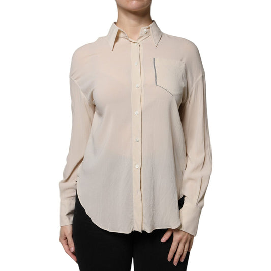 Brunello Cucinelli Beige Silk Blend Collared Button Down Top Brunello Cucinelli Gray