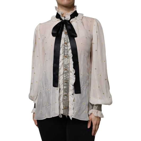 Dolce & Gabbana Off White Silk Blend Ascot Collar Blouse Top Dolce & Gabbana Dark Gray