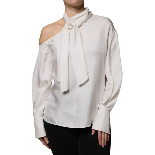 Brunello Cucinelli Beige Silk Ascot Collared Long Sleeves Top Brunello Cucinelli Gray