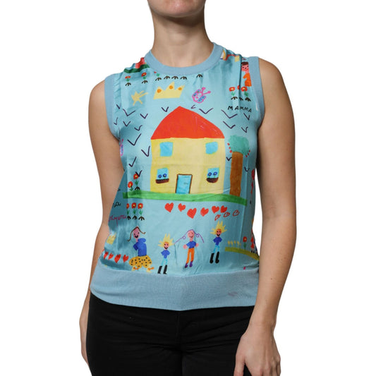 Dolce & Gabbana Blue Drawing Cashmere Sleeveless Tank Top Dolce & Gabbana Light Slate Gray