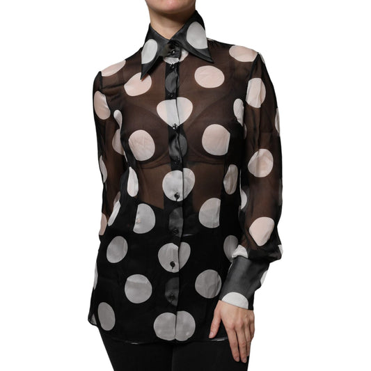 Dolce & Gabbana Black White Polka Dots Silk Long Sleeves Top Dolce & Gabbana Black