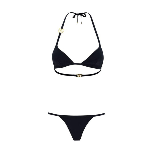 Dolce & Gabbana bikini with triangle top, D&G plaque, Brazilian bottom, monochrome design.