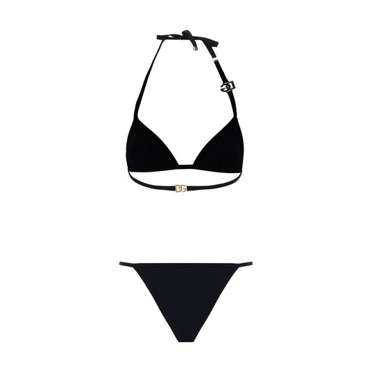 Dolce & Gabbana black bikini with triangle top, D&G plaque, and Brazilian style bottom, monochrome pattern design.
