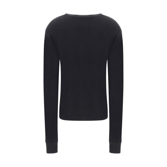 Back view of Éterne Boyfriend Long Sleeve Jersey in black with ribbed crew neck and cuffs, featuring monochrome pattern and regular fit.