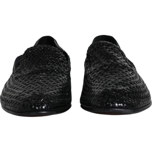 Dolce & Gabbana Dolce & Gabbana Black Woven Leather Slip On Loafers Shoes MV6622-45 1728,67345645728,Black,Dolce & Gabbana,EU45/US12,Loafers - Men - Shoes,Material: 100% Goat Leather,Men,Men - Shoes,Preowned / Defect,Shoes