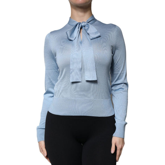 Dolce & Gabbana Dolce & Gabbana Blue Silk Knit Pullover Ascot Collar Top TSH86821-40 1728,67345645728,Blue,Clothing,Dolce & Gabbana,IT40|S,Material: 100% Silk,Preowned / Defect,Tops & T-Shirts - Women - Clothing,Women,Women - Clothing