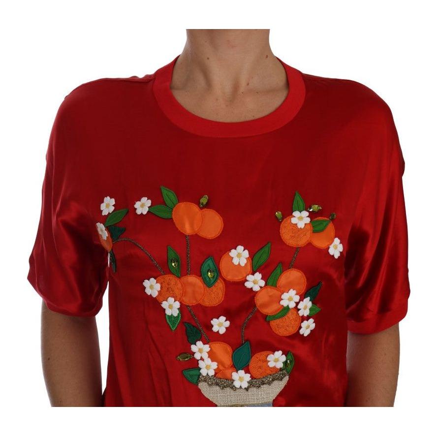 Dolce & Gabbana Red Silk Orange Vase Crystal Top