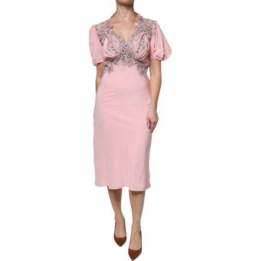Ermanno Scervino Ermanno Scervino Pink Floral Lace Short Sleeves V-neck Midi Dress DR281388-40 1728,67345645728,Clothing,Dresses - Women - Clothing,Ermanno Scervino,IT40|S,Material: 100% Silk,Pink,Preowned / Defect,Women,Women - Clothing