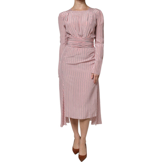 Ermanno Scervino Ermanno Scervino Pink Stripes Silk Long Sleeves Midi Dress DR281400-42 1728,67345645728,Clothing,Dresses - Women - Clothing,Ermanno Scervino,IT42|M,Material: 100% Silk,Pink,Preowned / Defect,Women,Women - Clothing