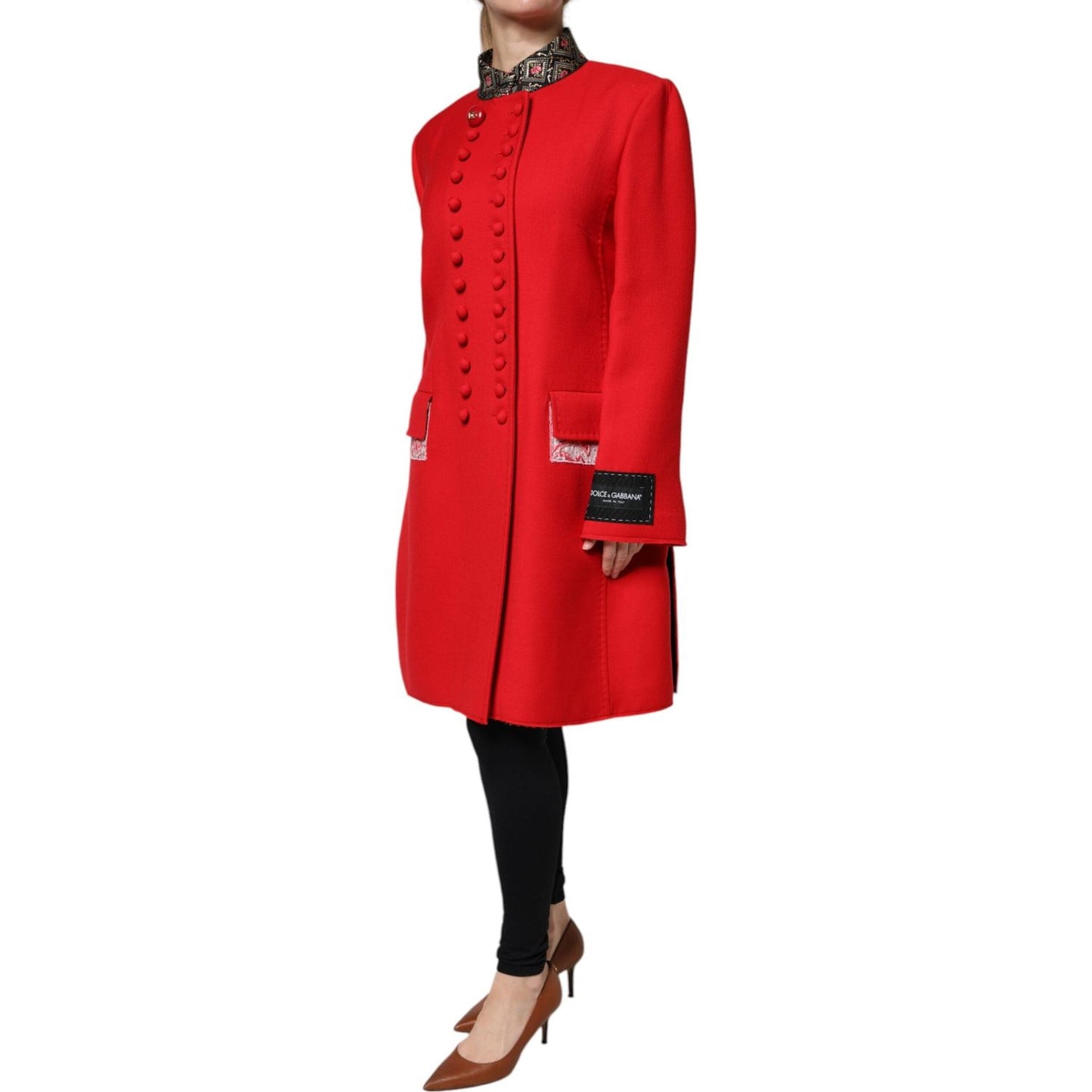 Dolce & Gabbana Red Jacquard Wool Women Trenchcoat Jacket JKT4196-48